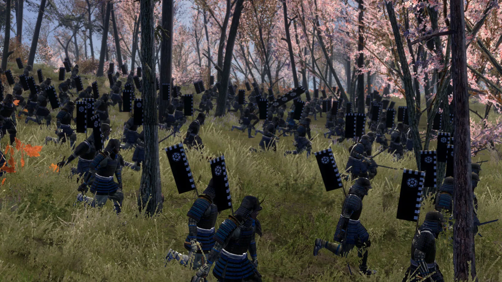 Bow infantry arranged among trees and cherry blossoms in classic Shogun 2