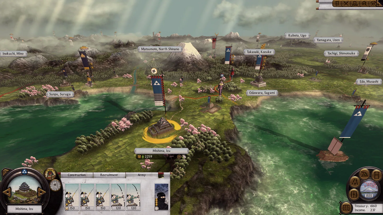 The original Shogun 2 campaign interface at Mishima in Izu with army cards, treasury and income visible.