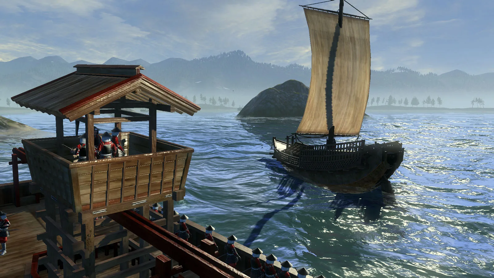 Classic Shogun 2 wooden boats beside a Japanese harbor, illustrating the coastal infrastructure behind maritime income.