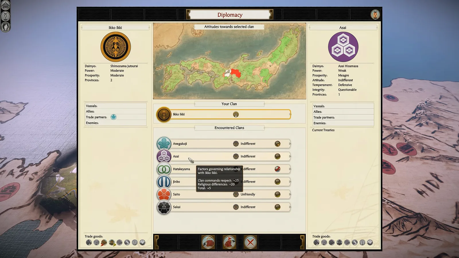 Complete Edition diplomacy screen listing encountered clans and relations with Asai