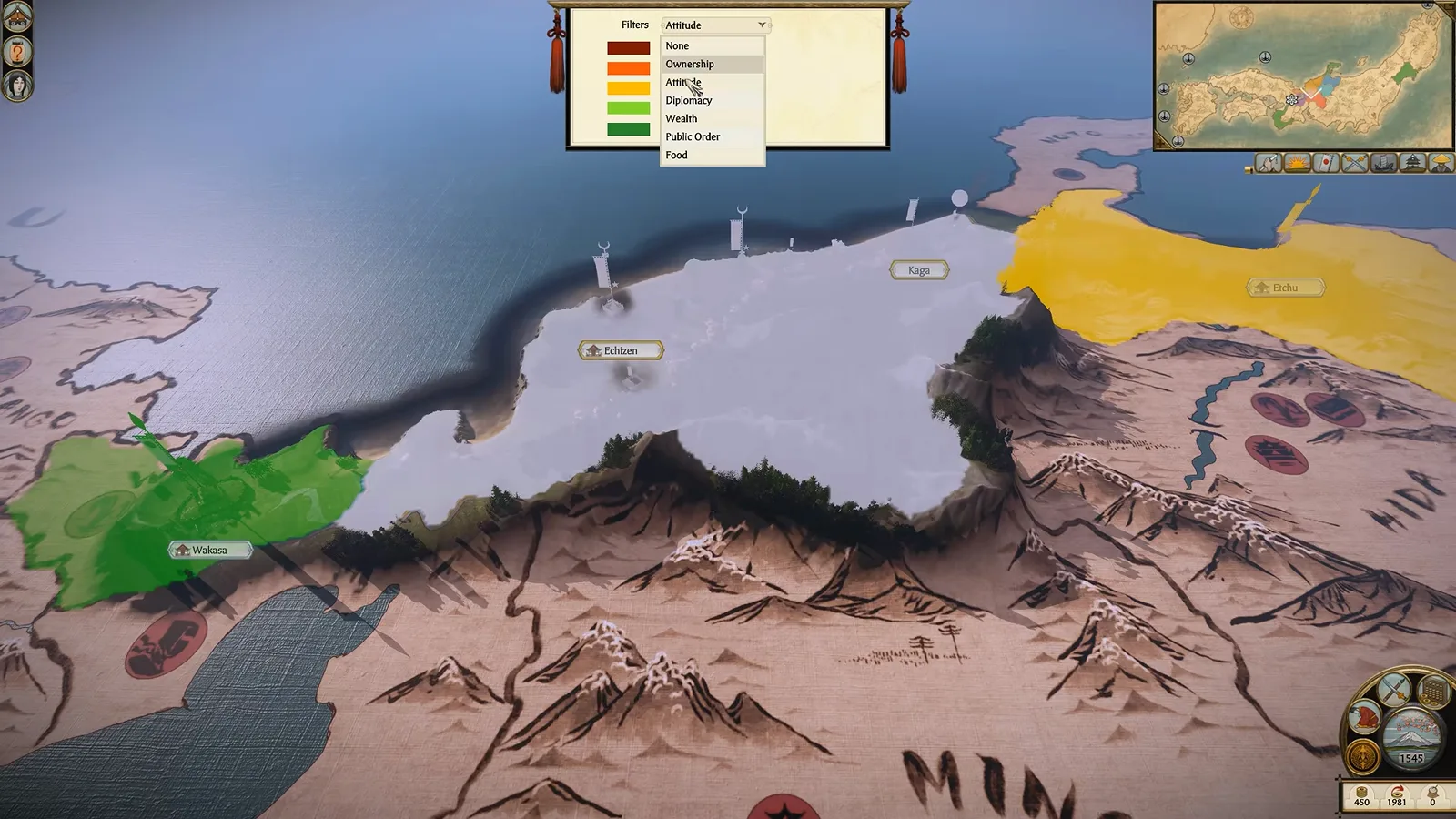 Complete Edition strategic map with a color-coded province overlay across central Japan