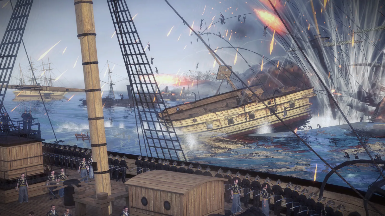 Fall of the Samurai warship exploding during a naval battle with gunfire and rigging visible.