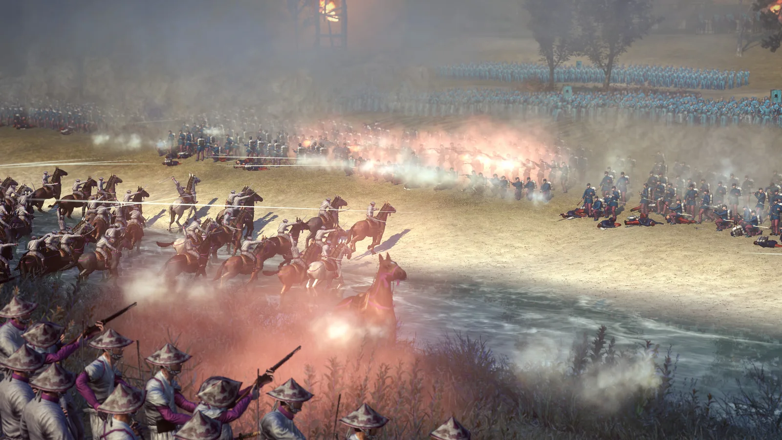 Fall of the Samurai rifle infantry firing volleys toward cavalry across an open battlefield.
