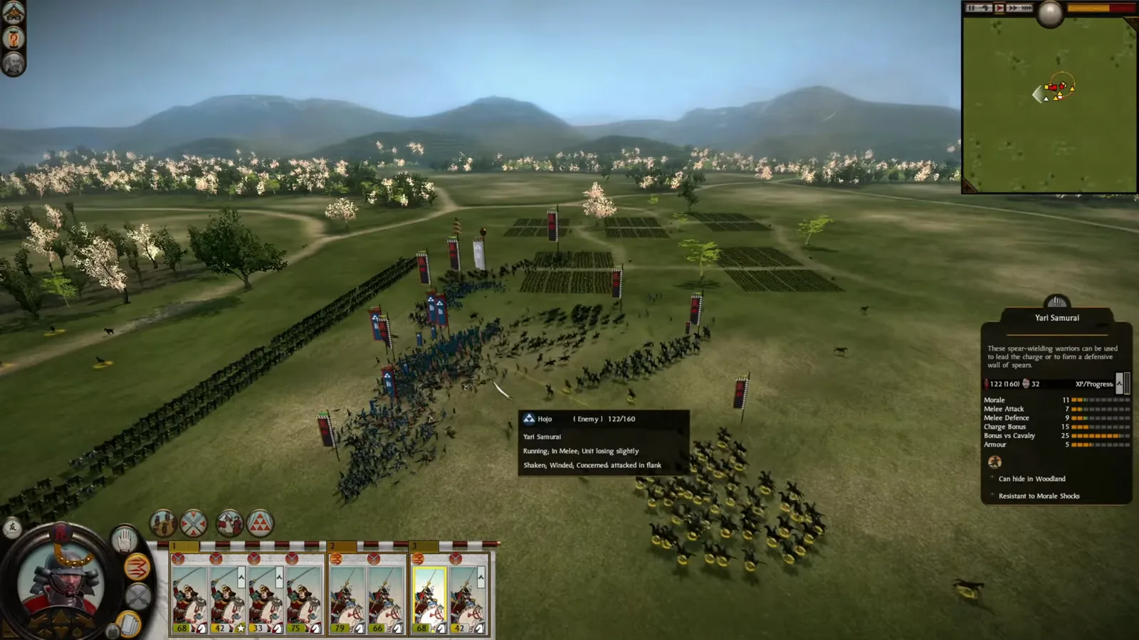 Mounted cavalry joins a Shogun 2 melee from the side as the enemy Yari Samurai tooltip reports concern about a flank attack.