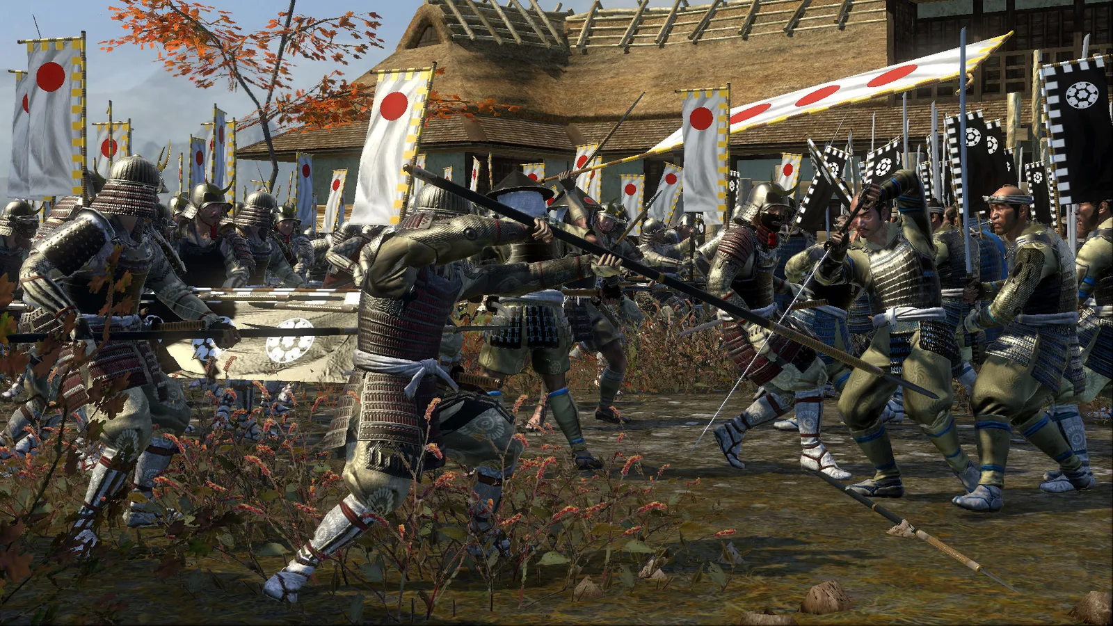Katana infantry fighting near a castle gate in classic Shogun 2, illustrating the sword-infantry role favored by Shimazu