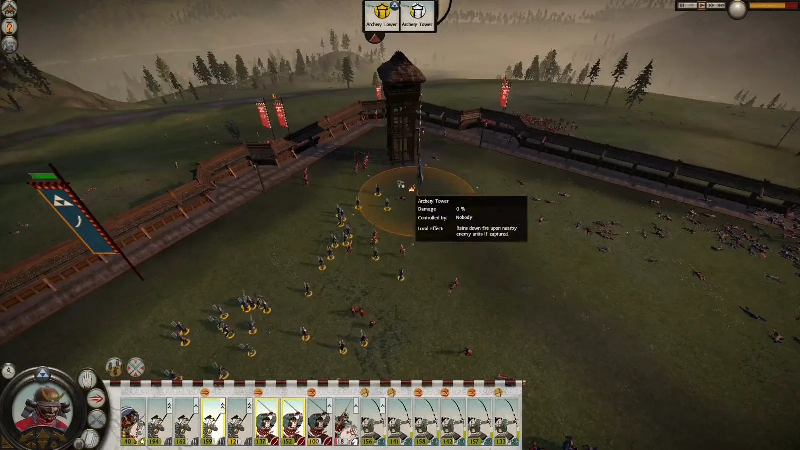 The Shogun 2 archery tower tooltip shows its capture radius and current control status during a defensive siege.