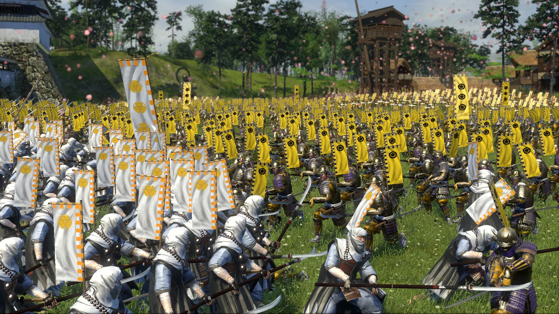 Infanterie und Kriegsbanner auf einem Schlachtfeld in Total War Shogun 2